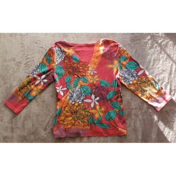 Floral Pattern V-Neck Long Sleeve Women Top Vibrant Multicolor Design - Picture 2 of 7